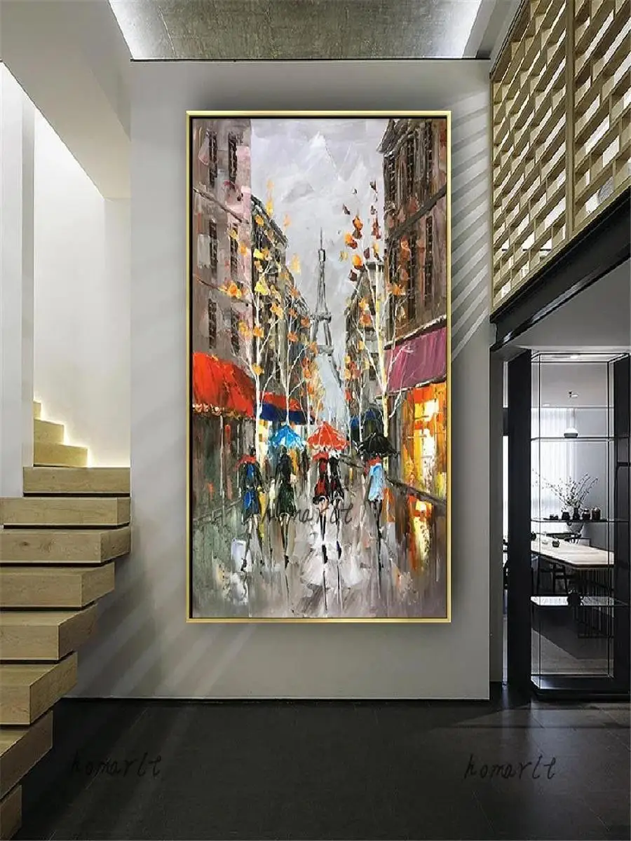 HandPainted Pop Street Scene Oil Painting  People Walking with Umbrellas on Canvas for Home Decor  Wall Art for Living Room Bedr