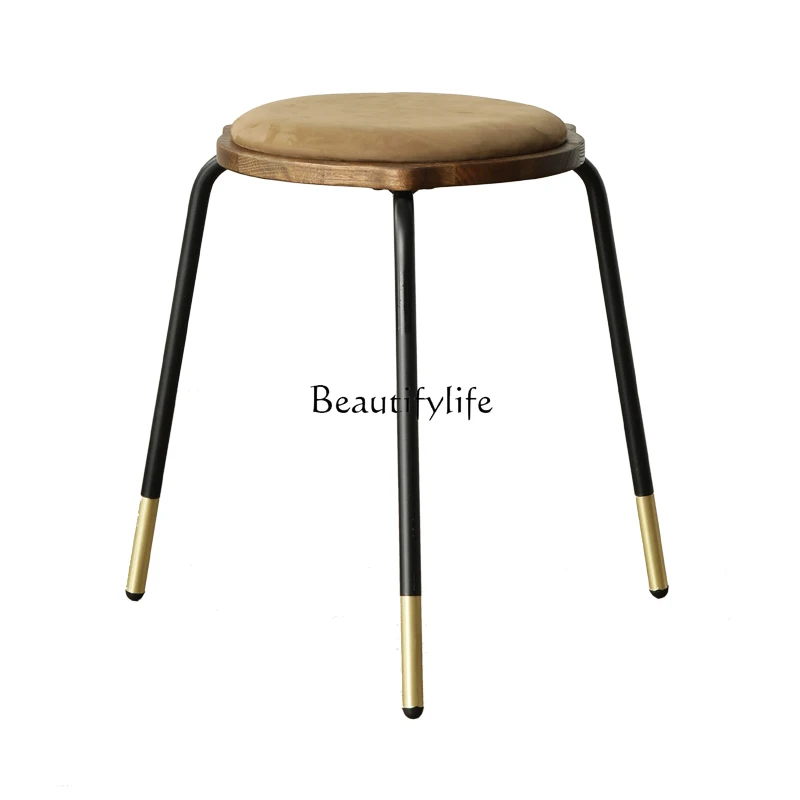 

Retro Industrial Style Leather Soft Bag Wrought Iron Dressing Stool Household round Stool