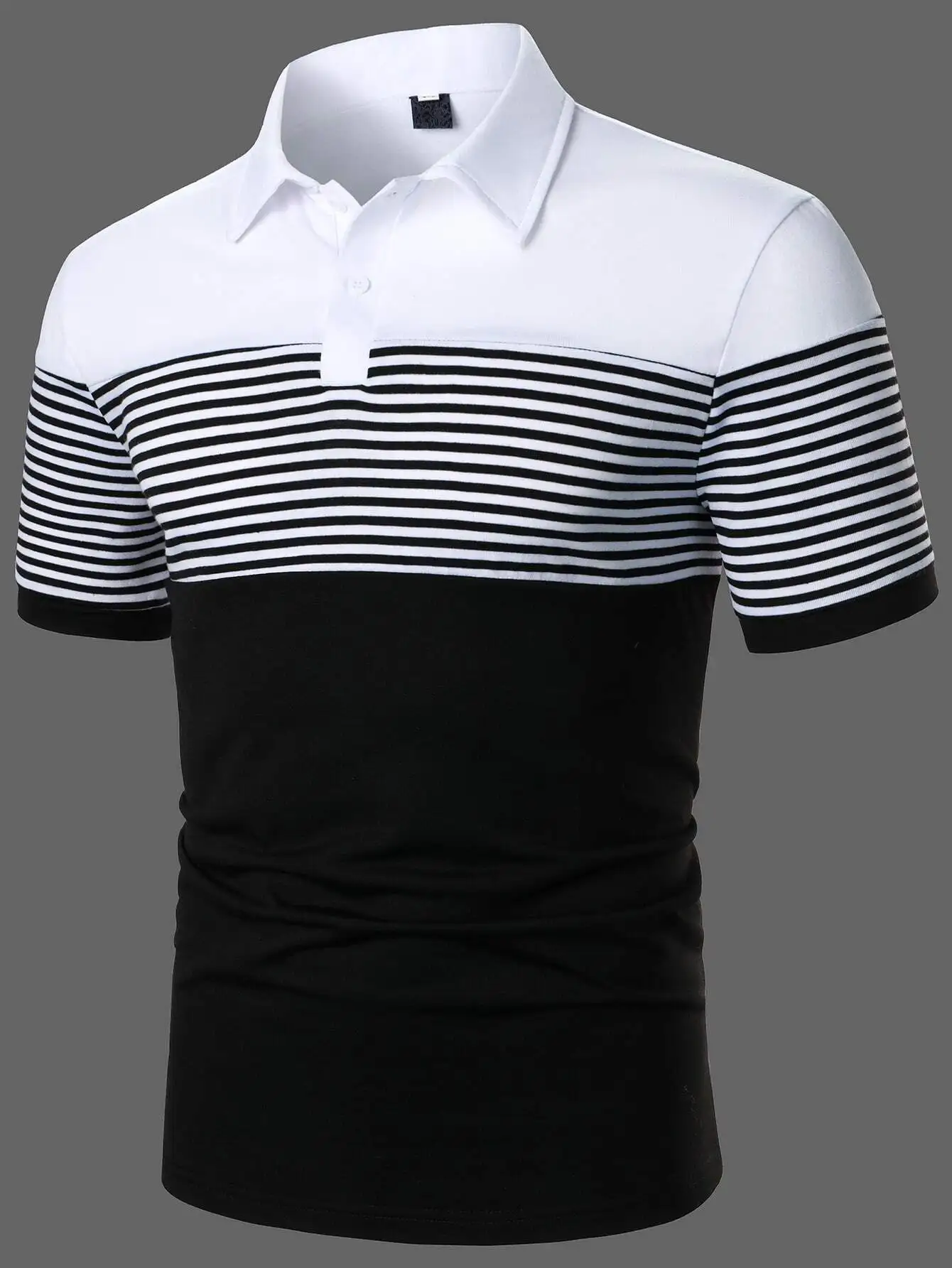 

Men's Color Block Striped Polo Shirt - White Black Casual Short Sleeve
