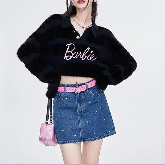 Anime Barbie POLO Sweater Cartoon Cute Women Fashion Printed Sweater Kawaii Hot Girl Short Long Sleeve Top Striped Wool Sweater