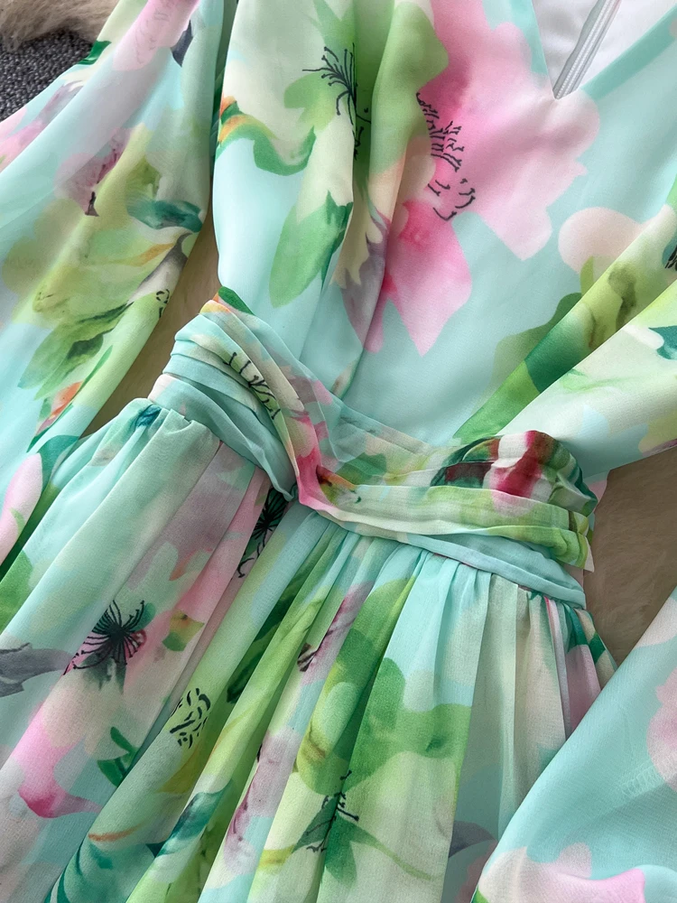 Strand Bloemenprint Maxi Jurk Dames 2025 Nieuwe Elegante V-hals Lange Mouwen Jurken Vouw Hoge Kwaliteit Vestidos INKEO 5D217