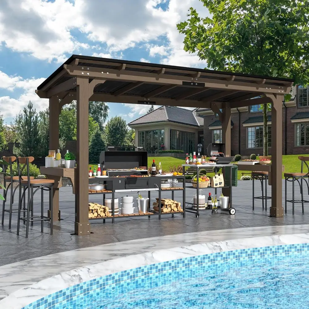 

6 x 13 T Wooden Grill Gazebo with Sloping Metal Roo, BBQ with Stakes or Outdoor Patio, Garden, Lawn, Light Mocha Brown