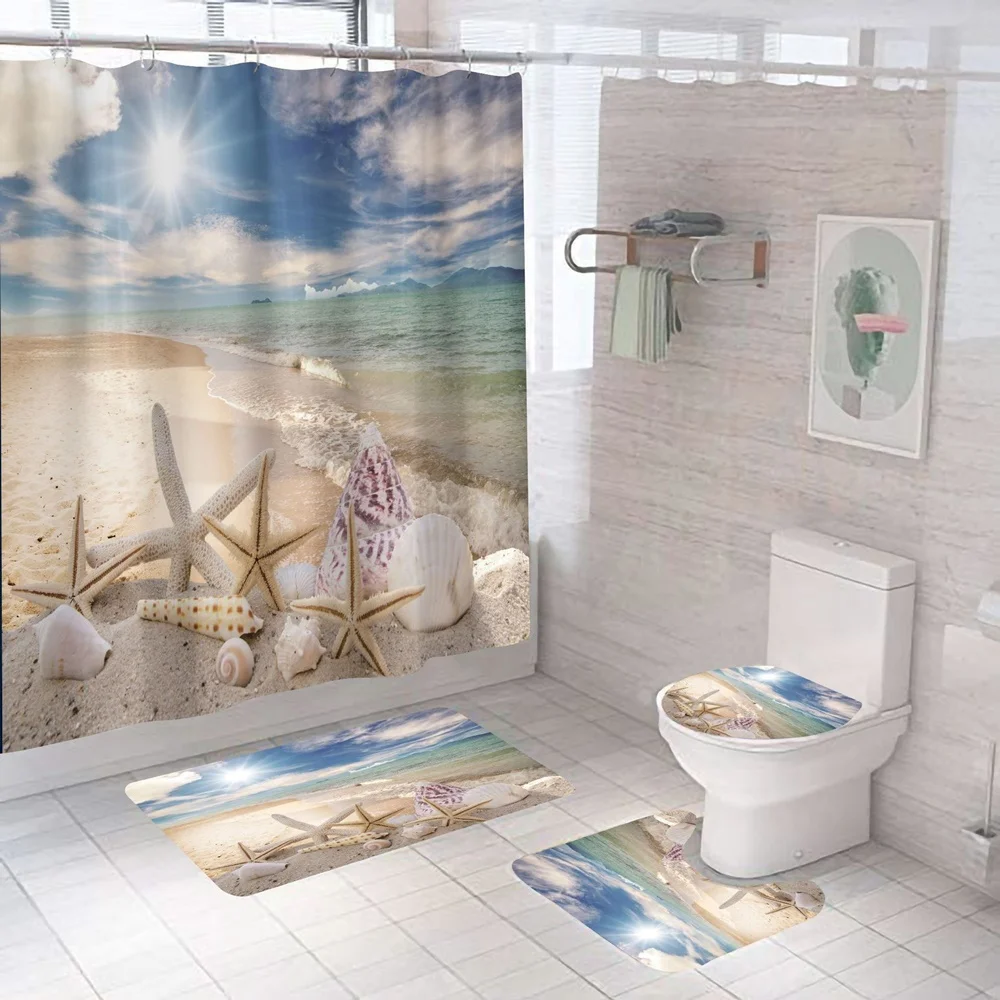 Starfish Shower Curtain Set Beach Seashell Coastal Conch Sea Wave Rock Ocean Blue Sky Bath Curtain Rug Bathroom Mat Toilet Cover