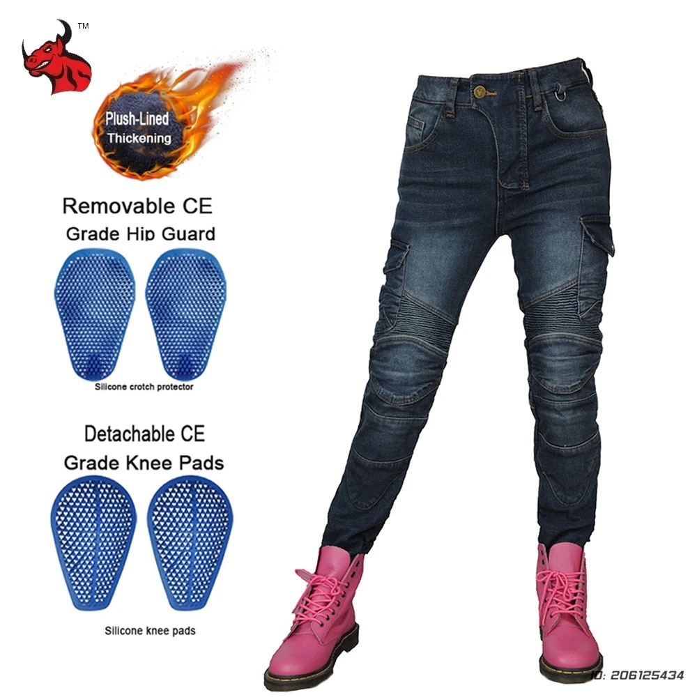 

Retro Motorcycle Jeans Women Wear Resistant Motocross Pants Wearable CE Protective Gear Riding Moto Ride Trousers Four Seasons