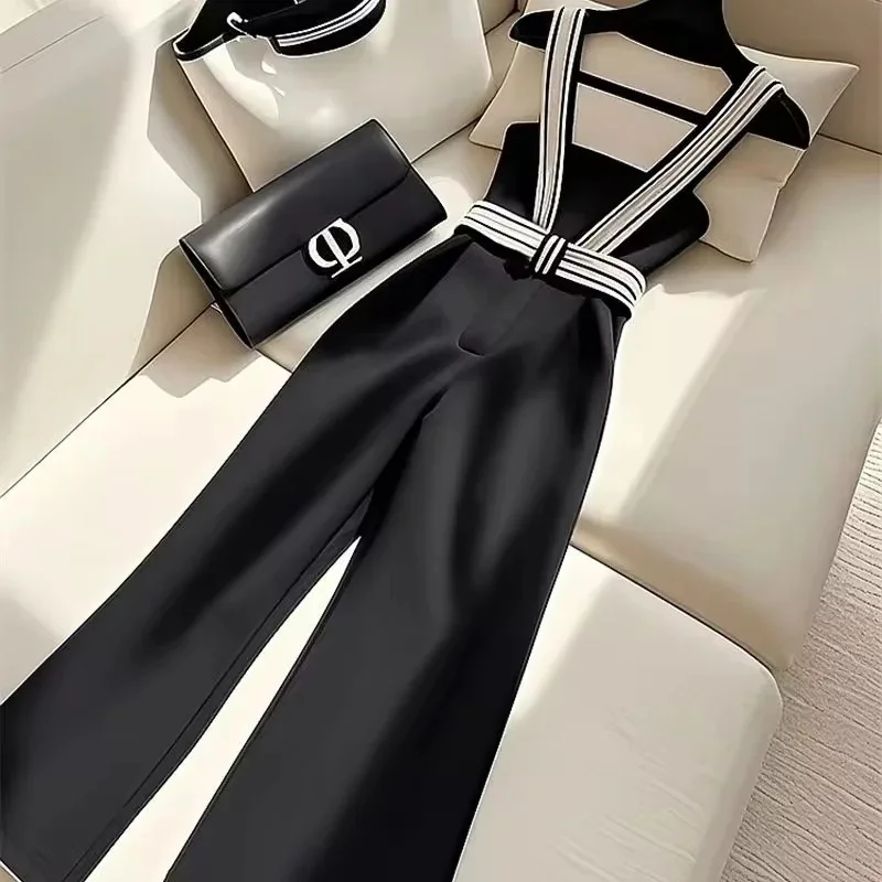 Small Fragrance Black Pants Women Luxury Design High Waist Strap Pant Spring Summer Fashion Female High End Wide-leg Pants