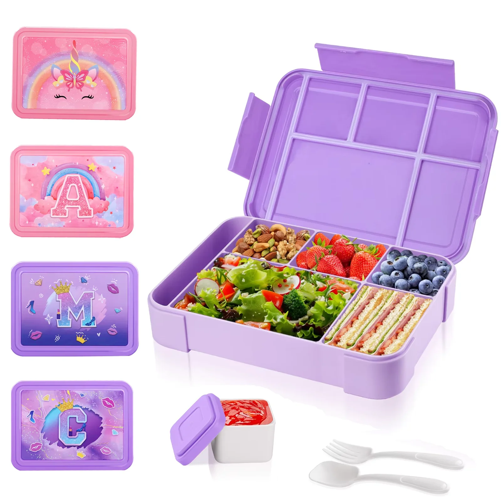 Lonchera Infantil Unicornio, Lonchera Bento a Prueba de Fugas con 6 Compartimentos, Lonchera para Niñas, Recipientes para Refrigerios Sin BPA con Tarro para Salsas