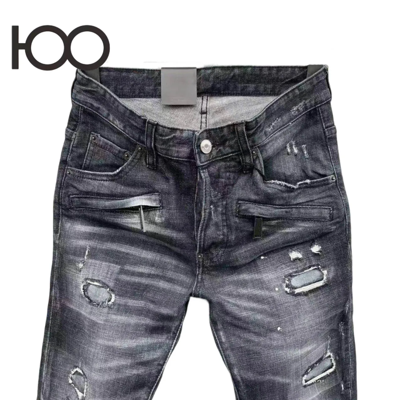 L006 Men's Punk Distressed Jeans  Skinny Fit Washed Denim Pants with Paint Splashes & Ripped Holes  Paint Accents Distressed