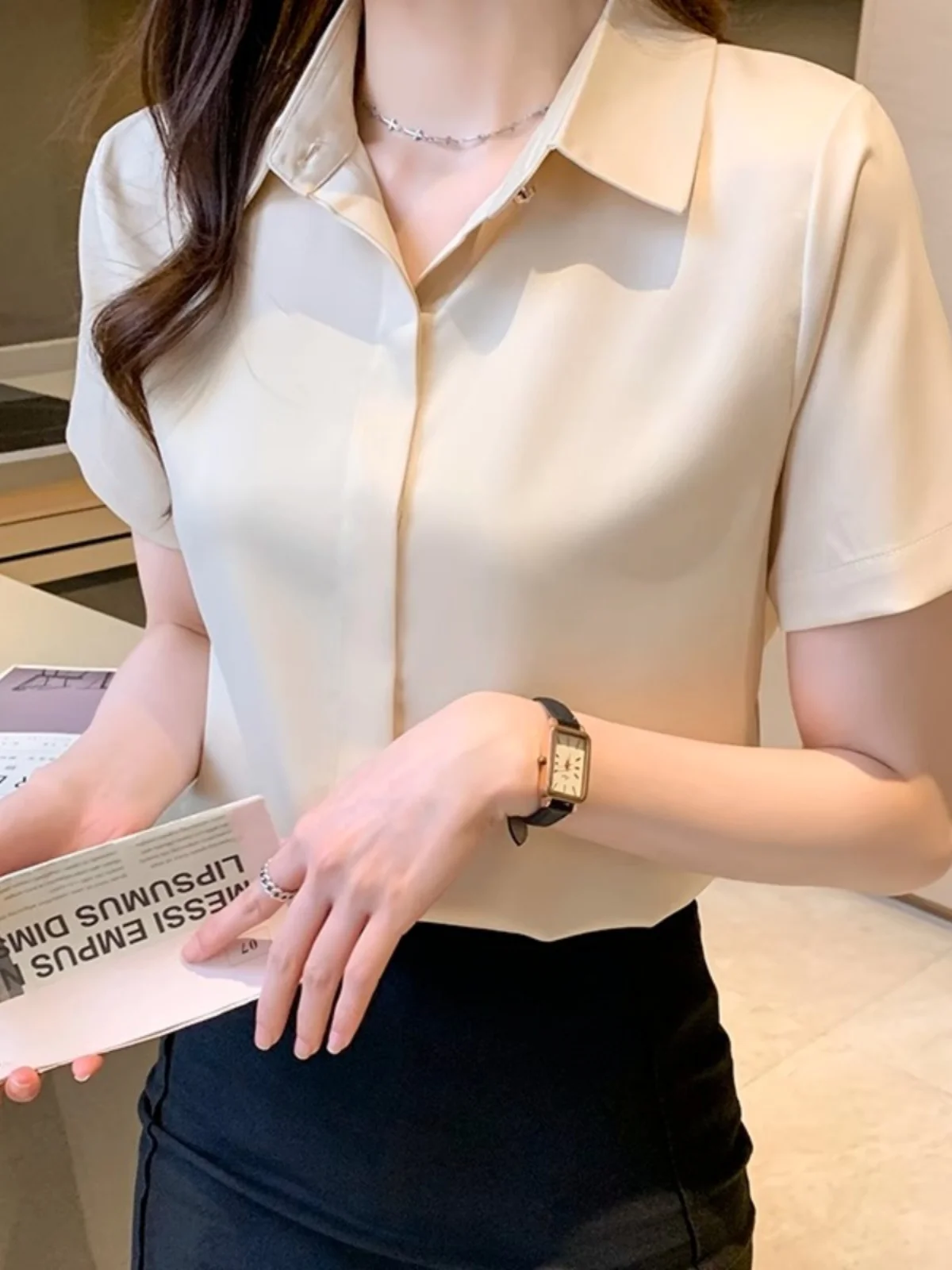 

Outlet Brand Women's Chiffon irt Collar ort Sve Slimming Profional Top Korean Sle Straight Cut Summer Faion