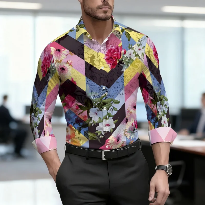 Men's Shirt Long Sleeve Spring Autumn Multi‑Color Argyle Patchwork Plaid Print Lapel Button‑Up Street Business Top Mens Clothing
