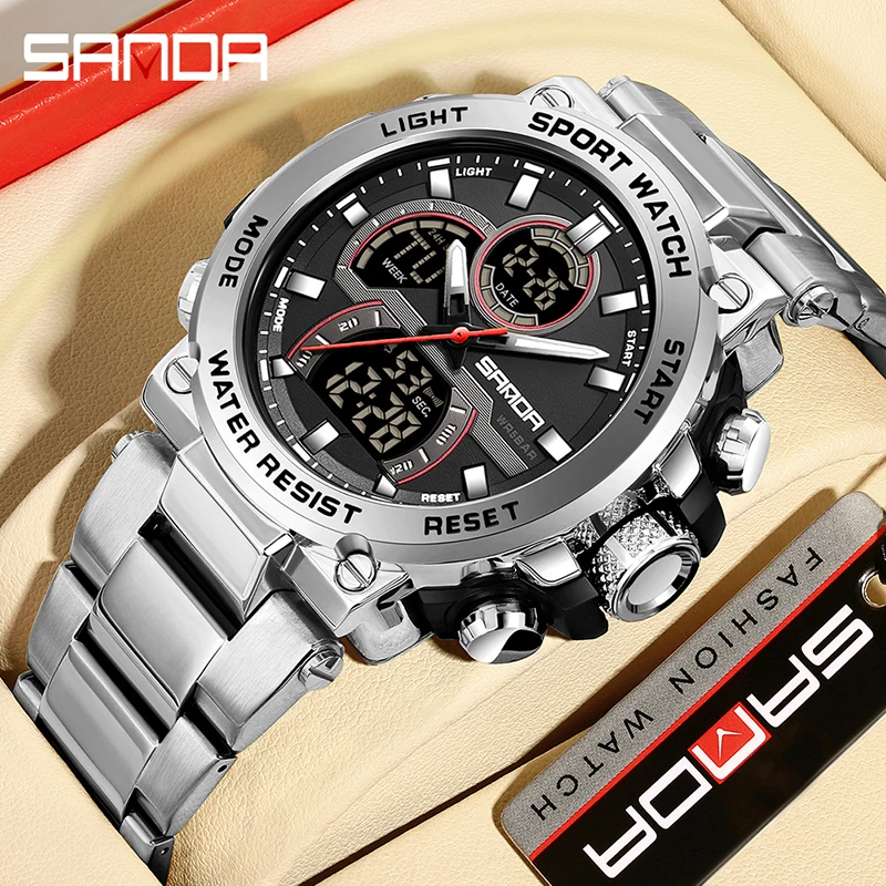 SANDA 6183 Fashion Men\'s Electronic Watch Personalized Cool Night Light Multi functional Waterproof Steel Strip Men\'s Watch 2024