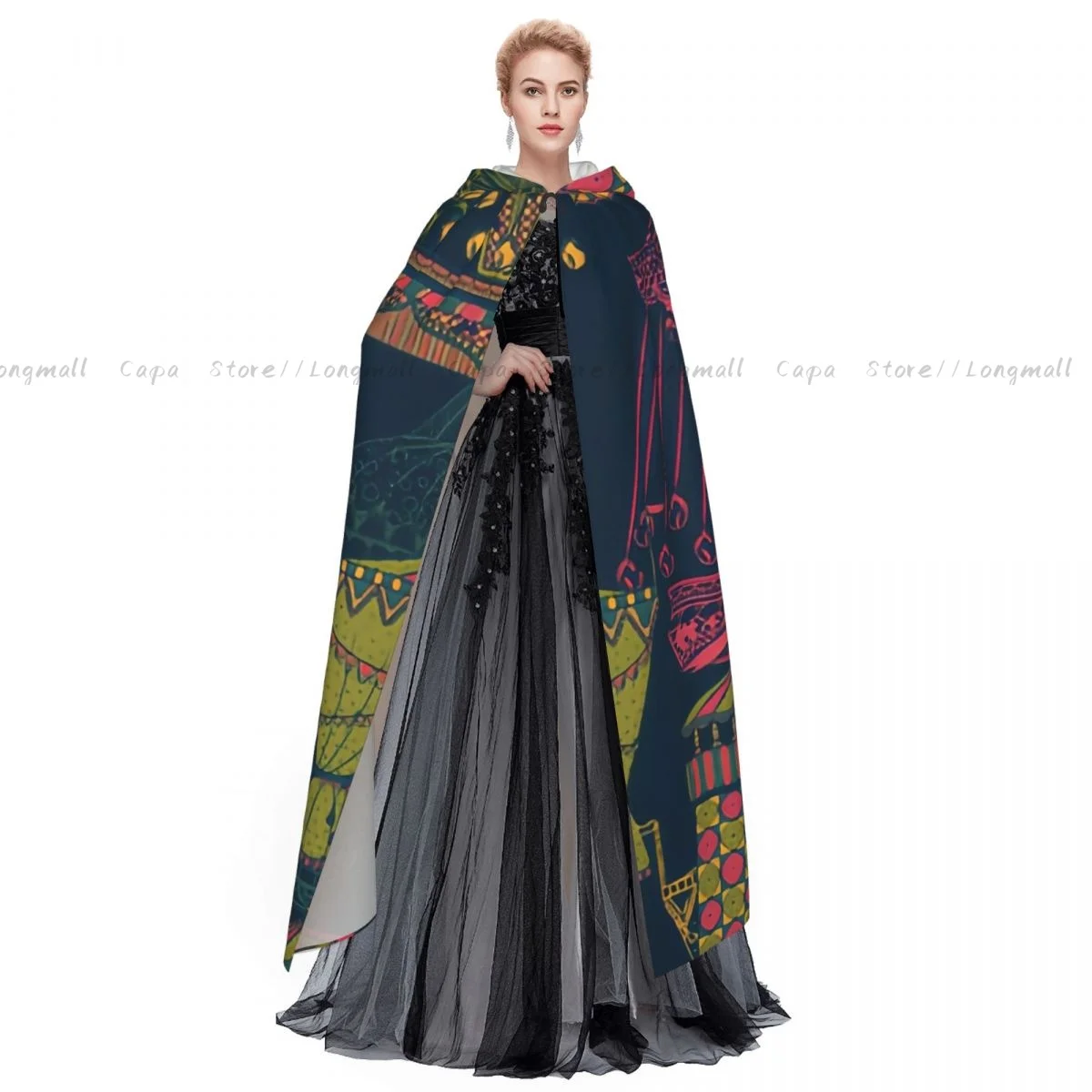 Adult Vampire Cape Hooded Robe Carousel And Tent Funfair Theme Halloween Cloak Full Length Cosplay