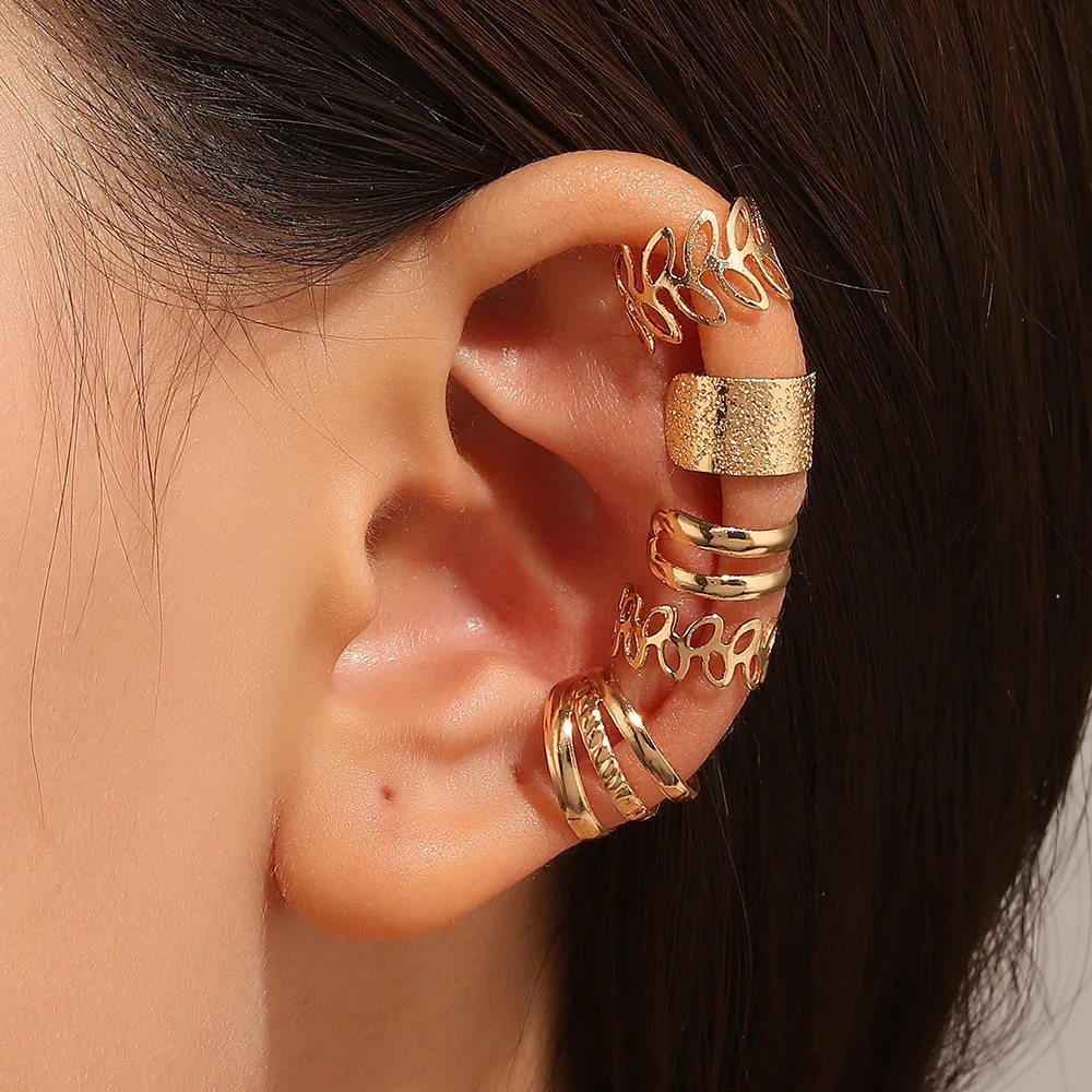 Hollow Leaf Ear Cuffs For Non Pierced Ears Retro Geometric Alloy 5 Pieces Set Simple Fashion For Women