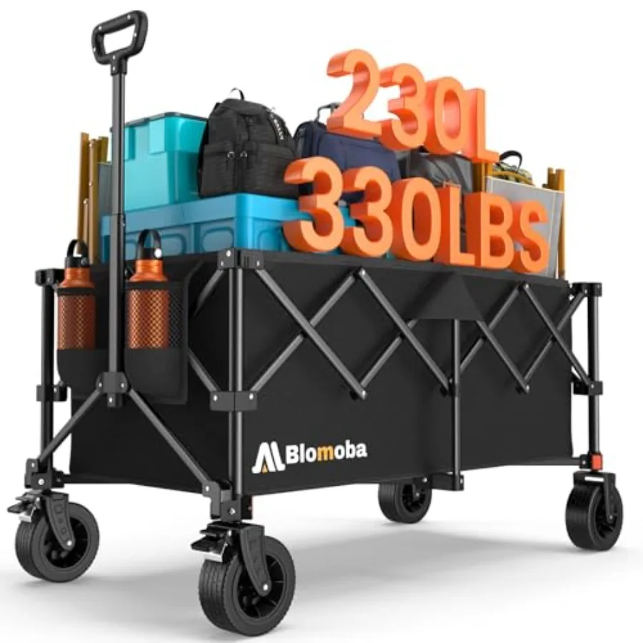 

Heavy Duty Folding Wagon Cart for Grocery Garden Camping Shopping 330LBS Capacity Steel Frame Black 360 Rotating Wheels with Br