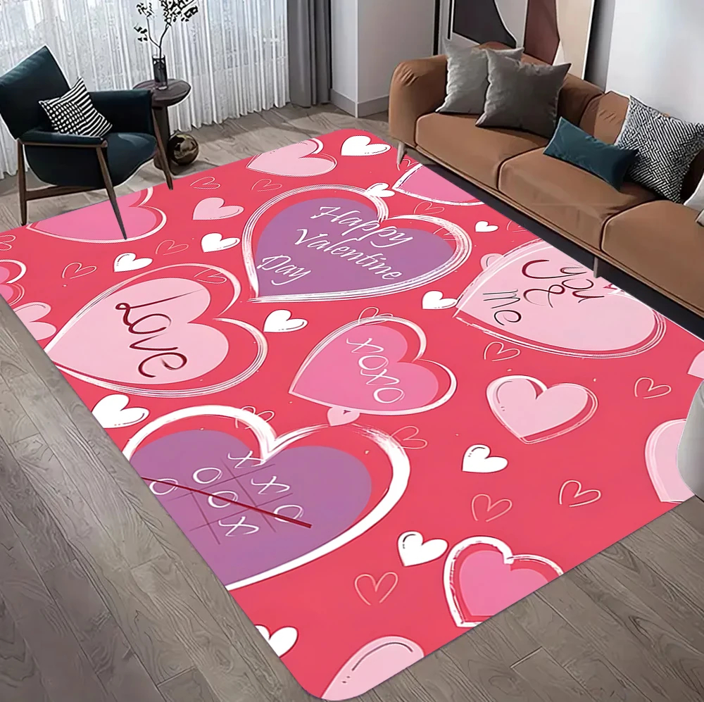

Romantic Valentine's Day Living Room Carpet Vibrant Red Love Heart with 'Happy Valentine Day' Print Soft Area Rug for Home Decor