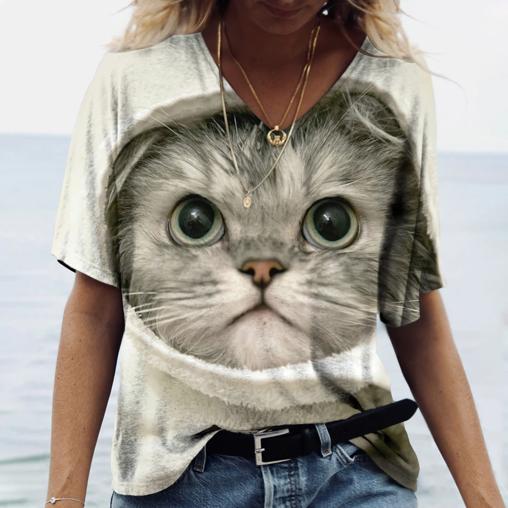 Fashion Animal Cat 3D Print T-shirts Women\'s T Shirt V-Neck Oversized Female Tees Tops Summer Streetwear Harajuku Y2k Clothes