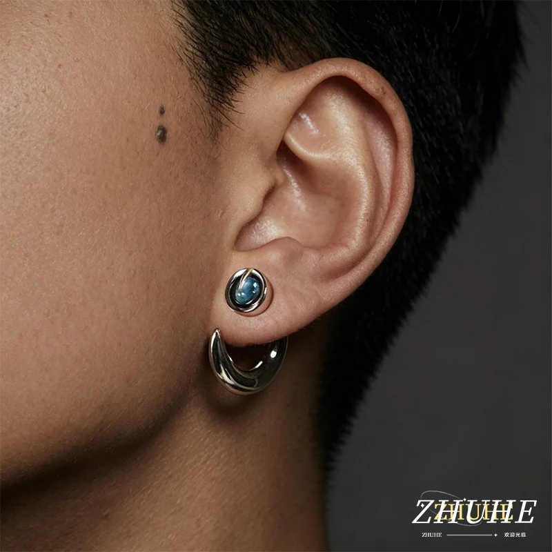 

Men Women Copper Jewelry Accessories, Gothic Blue Gem C-shaped Earrings, Punk Style Statement Ear Studs for Daily Wear and Party