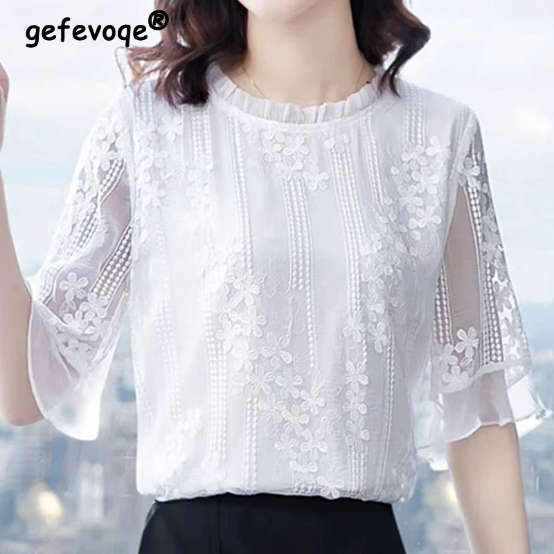 Elegant Fashion Solid Hollow Out Lace Floral Chiffon Shirt Summer New 2022 O-Neck Half Flare Sleeve Loose Blouse Female Clothing