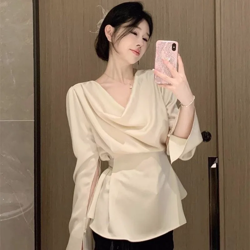 

Весенне-осенняя свободная женская блузка-рубашка, элегантная шикарная блузка с длинным рукавом в корейском стиле, роскошная новая коллекция 2025, женские топы