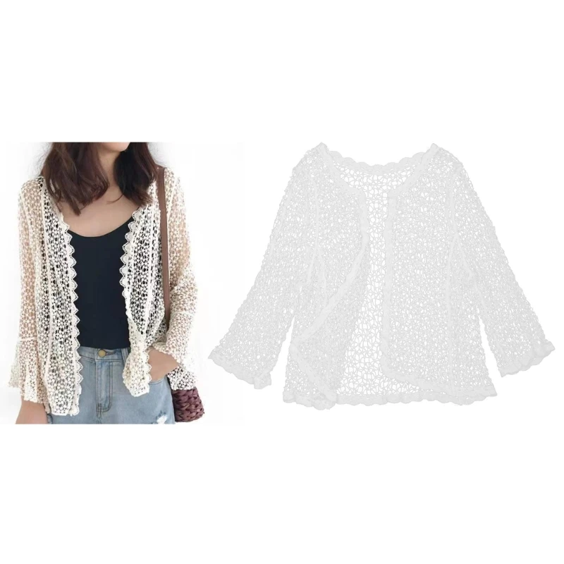 

Women Flare Long Sleeve Shrug Cardigan Hollow Out Crochet Knitted Open Front Sheer Lace Cover Up Sweater Loose Outwear Dropship