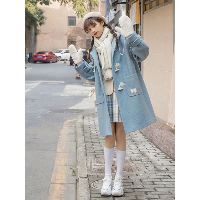 

Nicemix Autumn Winter Trench Coat New Korean Japan Preppy Oversize Cowl Buckle Long Tweed Jacket Women Kawaii Hooded Woolen Top