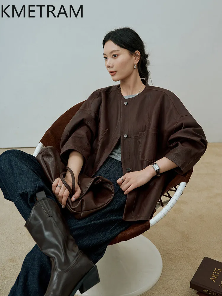 KMETRAM Genuine Italy Sheepskin Leather Jacket Woman O-Neck Short Jackets Autumn Real Leather Coat Women Clothing 2026 jaqueta