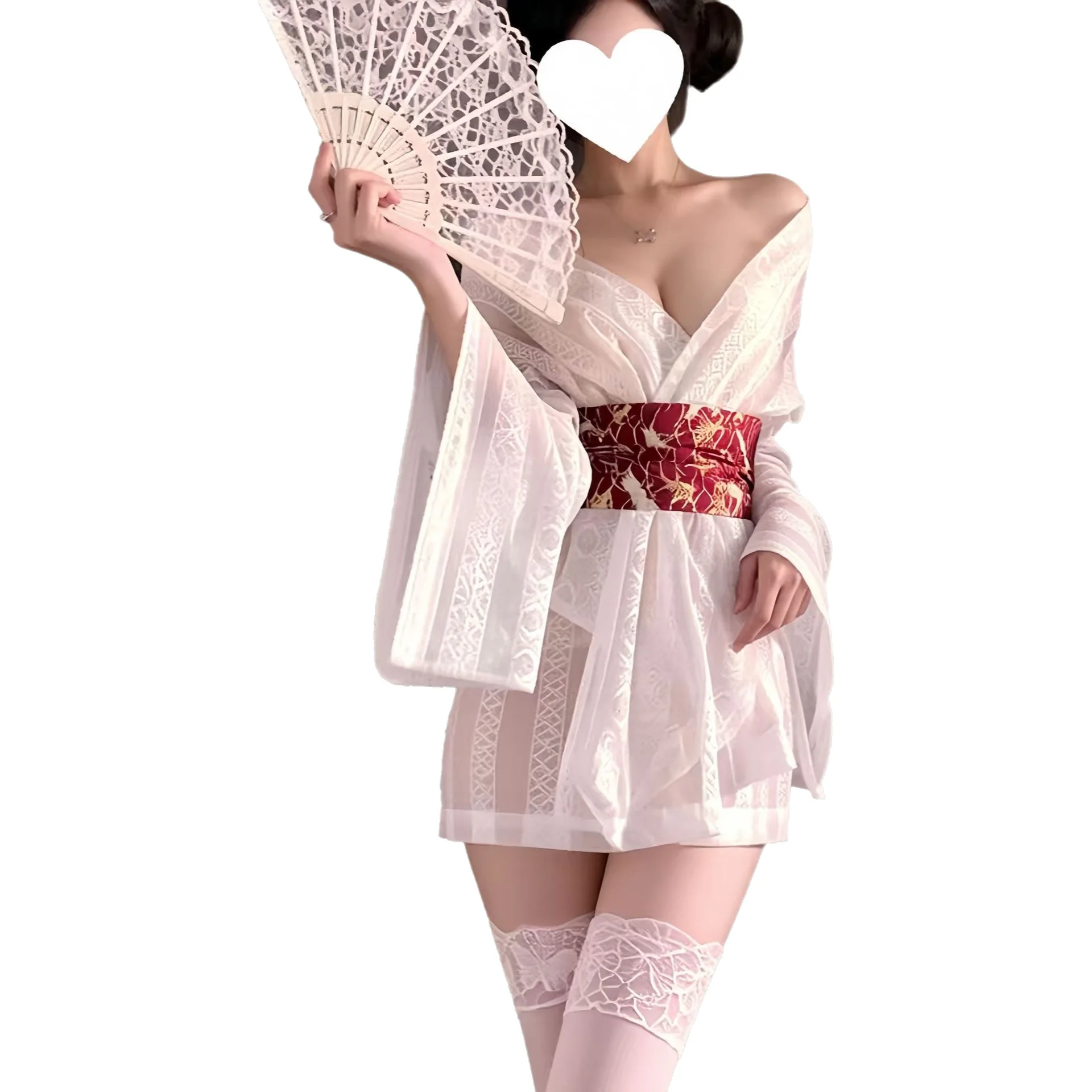 Sexy weißer Spitzen-Kimono-Bademantel mit rotem Langarm-Minikleid mit V-Ausschnitt im japanischen Stil, Nachtwäsche, modisches Kleid für Damen TZTW