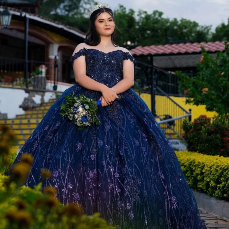 

Shiny Dark Blue Quinceanera Dresses Off the Shoulder Sequin Crystal Decal Lace Long tail Vestidoe 15 Quinceanera Customize