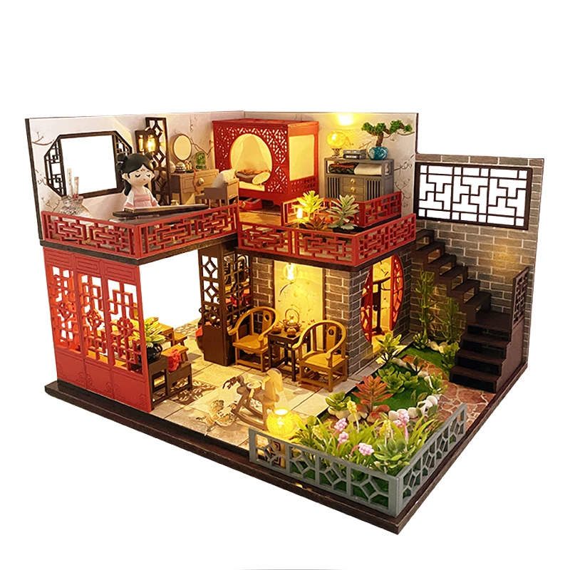 

DIY Wooden Doll Houses Miniature Building Kits with Furniture Chinese Ancient Room Assembled Casa Dollhouse for Girls Gifts