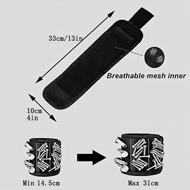 나사 고정용 마그네틱 손목 스트랩, 못, 드릴 비트, 강한 자석이 있는 손목 도구, 고정용 블랙 스트랩