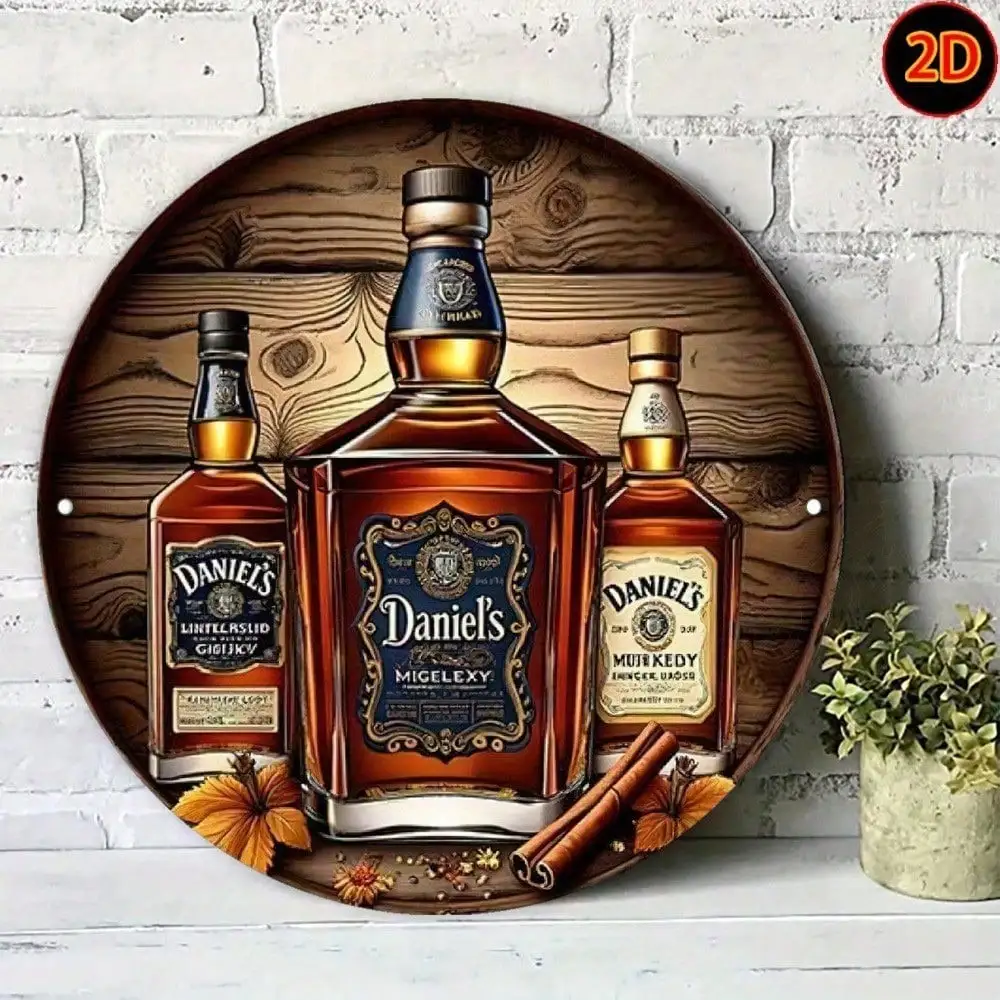 Letrero Metálico Decorativo de Whisky Daniel's, Arte de Pared de Aluminio 2D para Decoración de Bar en Casa o Cuarto de Hombre, Redondo de 20x20cm