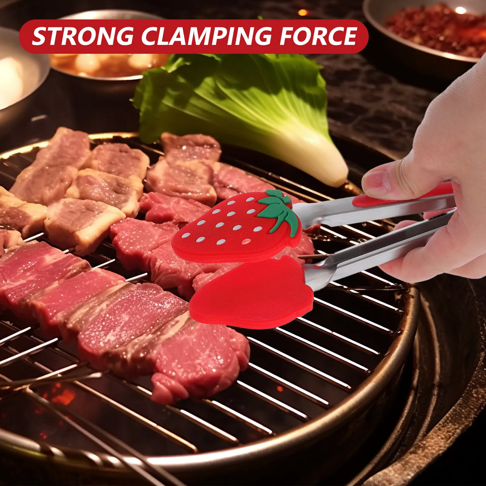 Stainless Steel Food Tongs Cute Strawberry Silicone Tip Non-Scratch Heat Resistant Locking Bbq Grilling Kitchen Cooking Salad