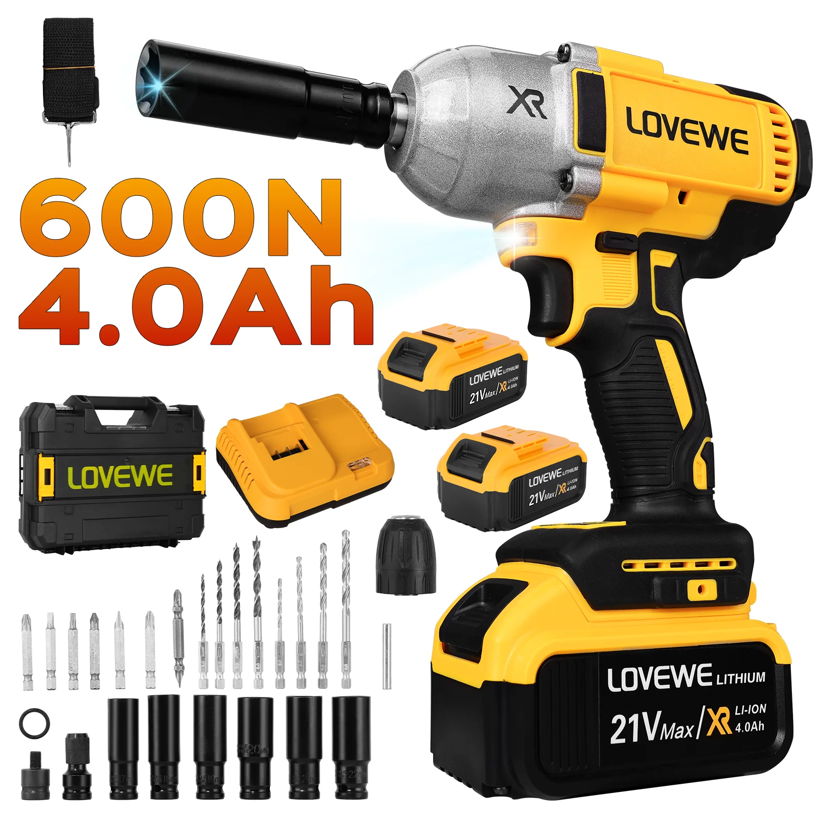 LOVEWE Cordless Impact Wrench 1/2 Inch, 442 Ft-lbs, Brushless, 2x 4.0Ah Batteries, Charger, 6 Sockets, 6 Bits, Accessory Kit