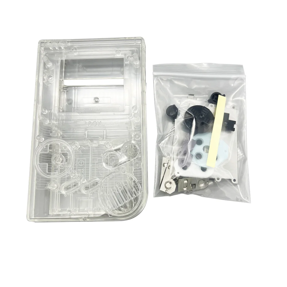 مجموعات غلاف الإسكان عالية الجودة لـ GameBoy GB DMG بدون عدسة زجاجية، مع أزرار وسادات مطاطية موصلة وملصقات ومسامير