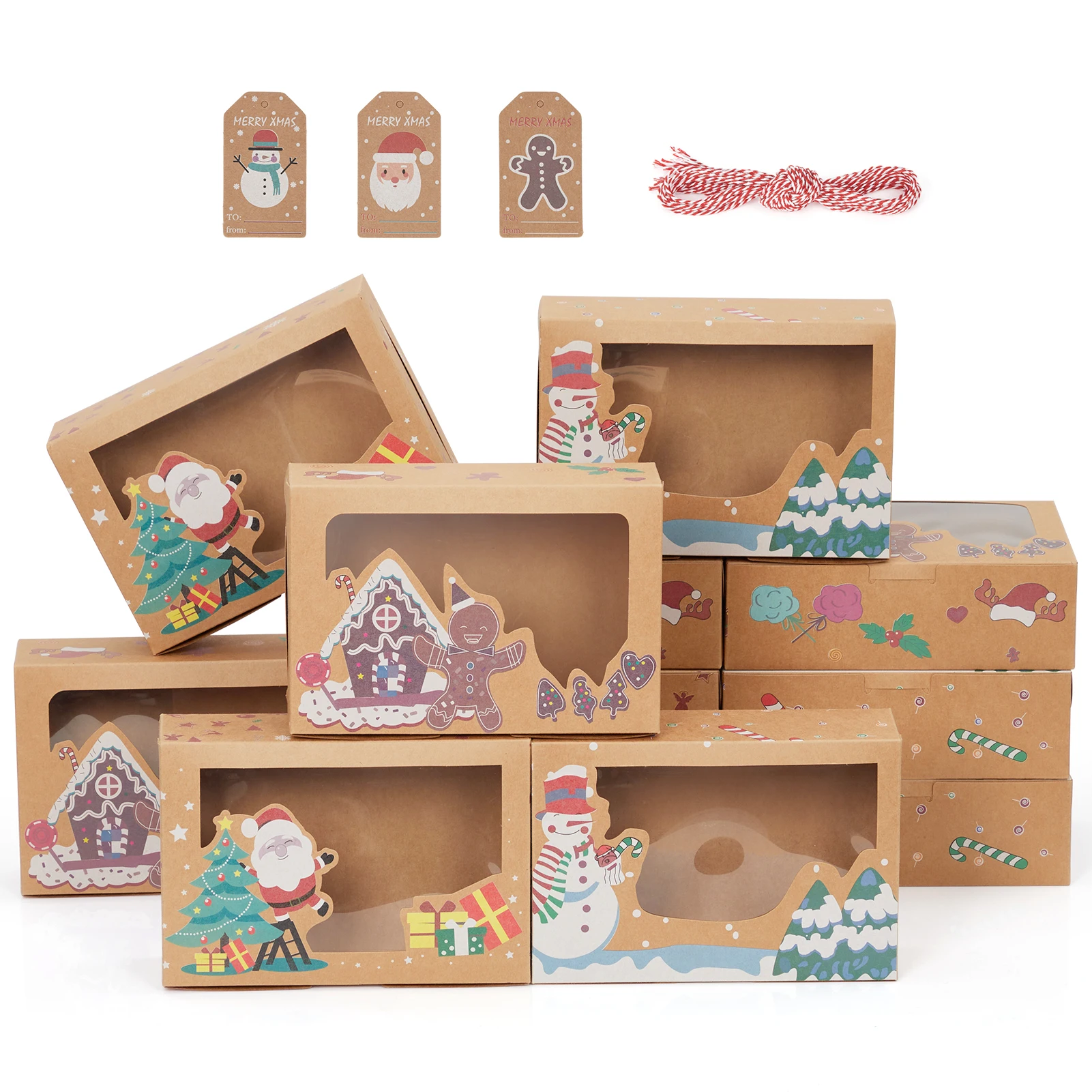 12 PCS Set of Christmas kraft Paper Baking Pastry Box Christmas Decoration Dessert Box