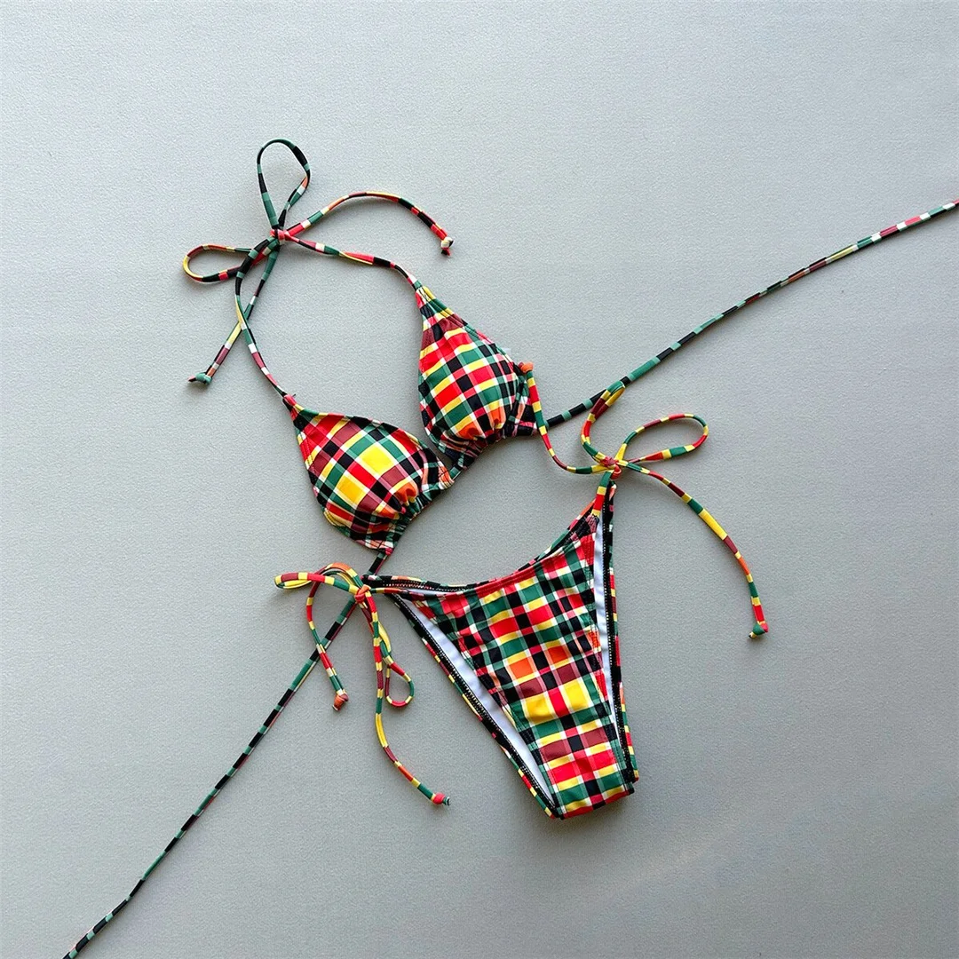 Sexy kariertes Neckholder-Bikini-Badeanzug-Set für Damen, zweiteiliger Bikini mit hohem Beinausschnitt und Polsterung, Badebekleidung V7930 – Detail 2