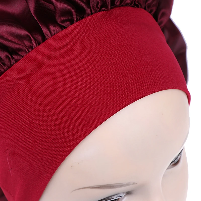 1PC 58cm Solid Color Women Satin Bonnet Cap Night Sleep Hat Adjust Shower Caps