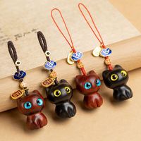 1pc Ebony Cute Black Cat Keychain Decor for Mobile Phone Chain Hand-knitted Creative Cute Accessories Sandalwood Wooden Gifts