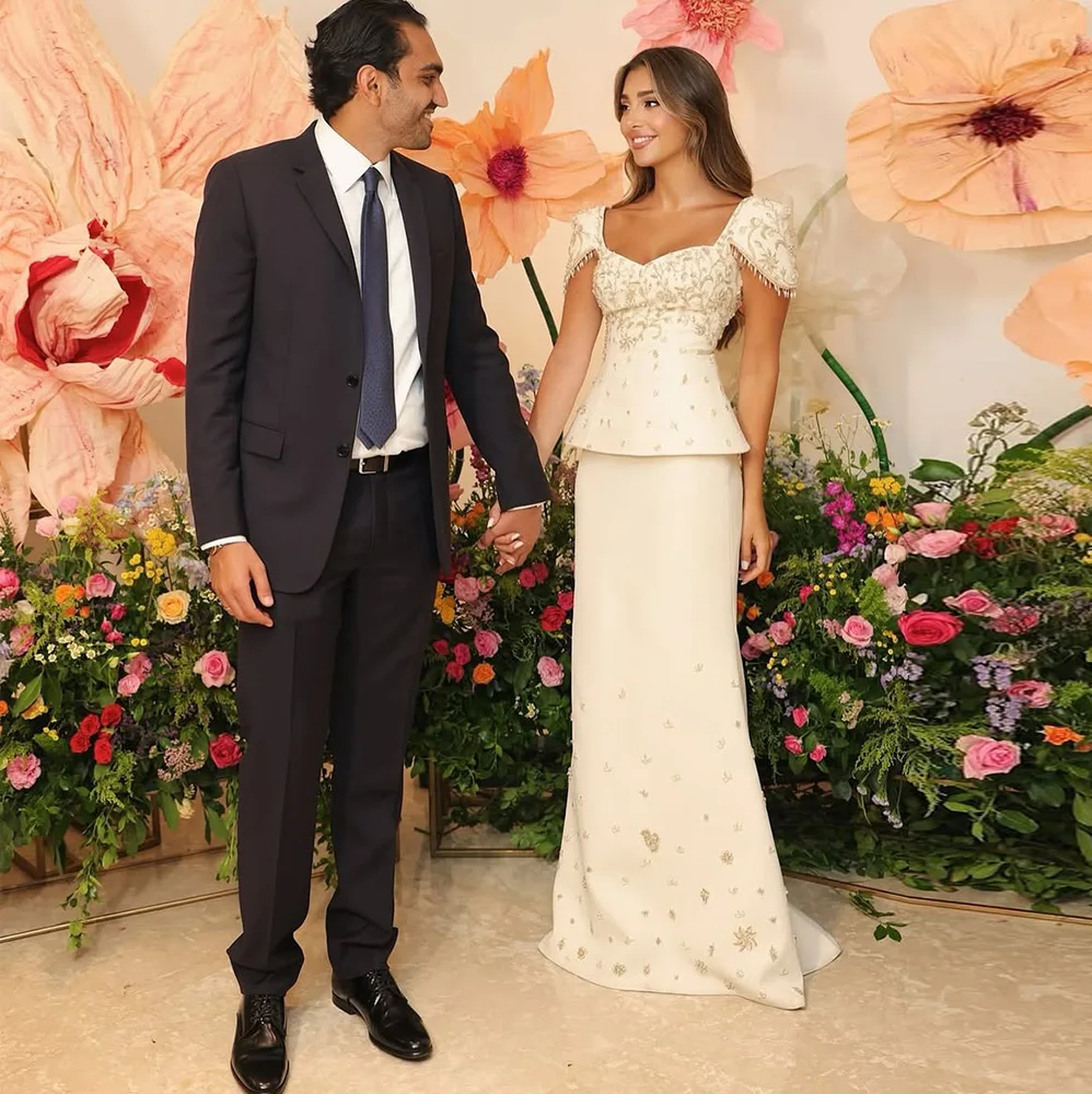 

Simple Customized Jersey Wedding Dress Elegant Short Sleeves Sweetheart Bridal Gowns Exquisite Beading Tassel Vestido De Novia