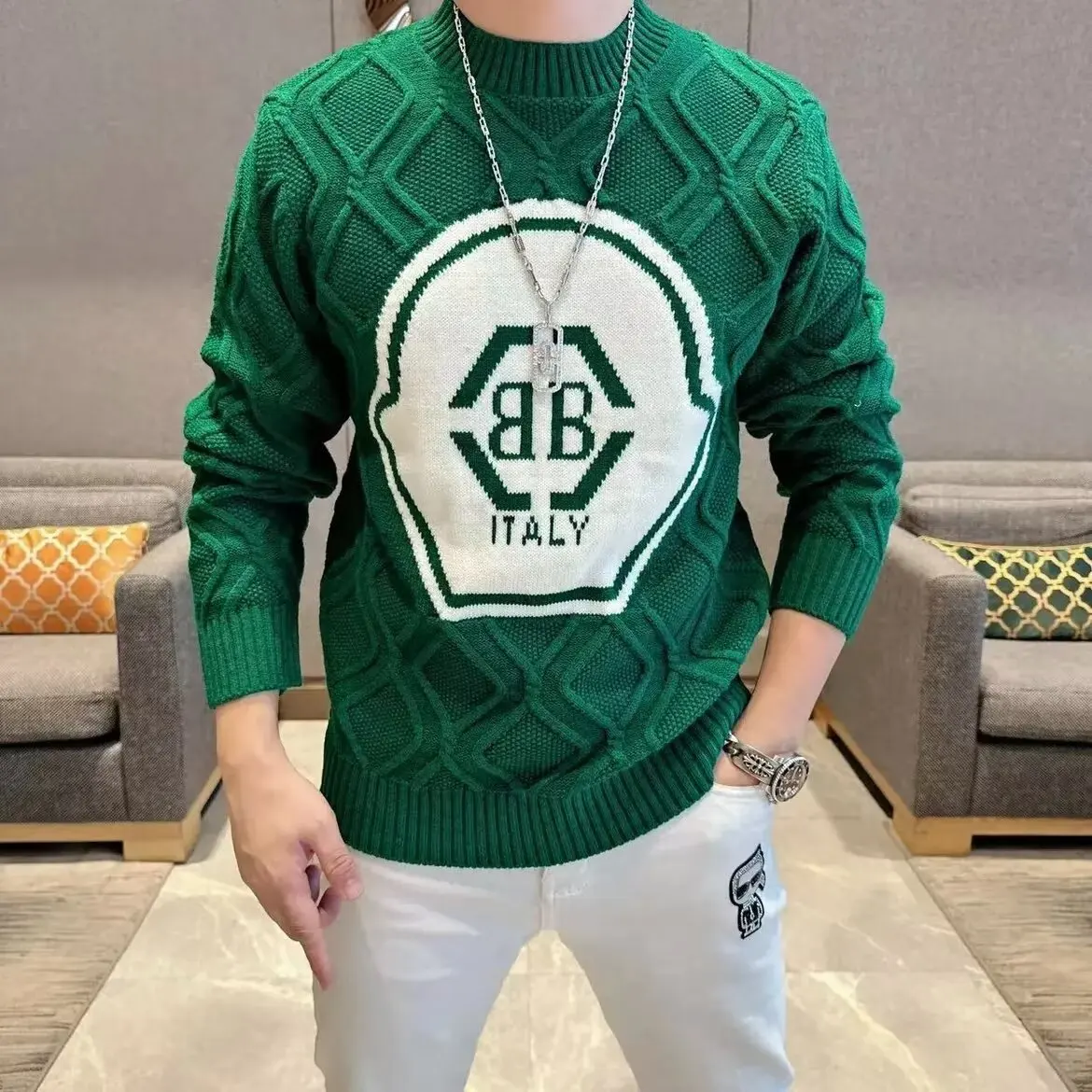 

Loose Fit Men's Knitwear round Ne Sweater Spring Autumn 2025 New Sle Casual Versatile Lazy Sle Letter Print Youthful