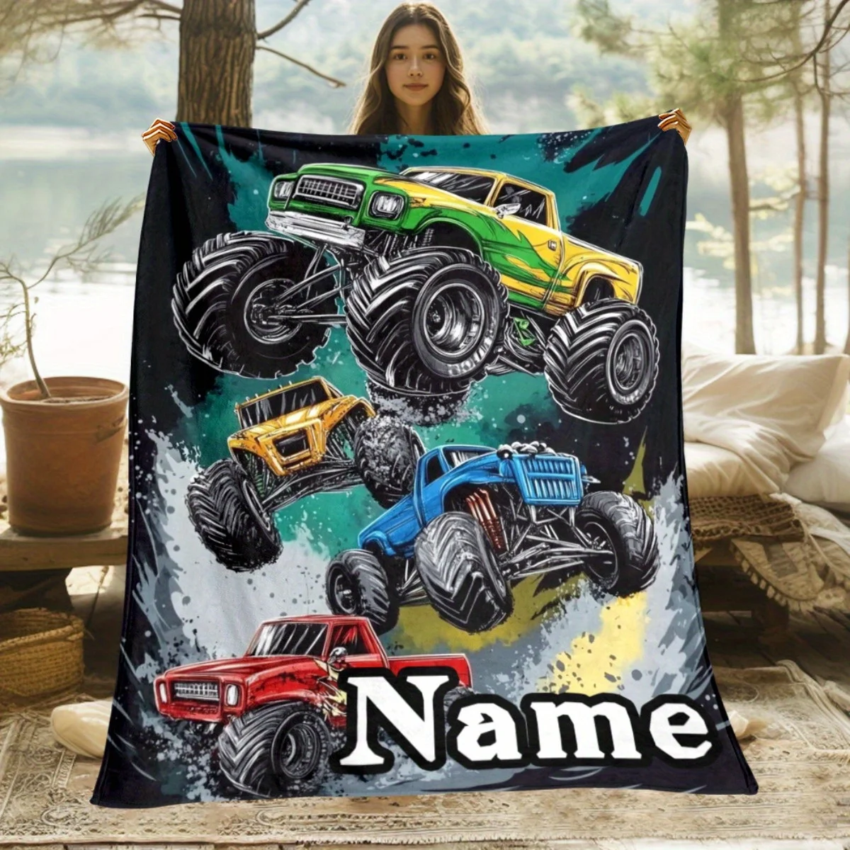 Personalized Colorful Big Foot Off‑Road Truck Splash Ink Pattern Flannel Blanket Cozy Plush Bedspread Portable Travel Blanket