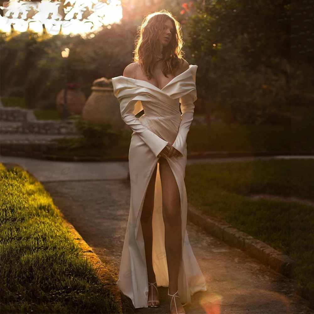 Vestido de novia de sirena Vintage para mujer, cuello de loto plisado de satén, Sexy, hombros descubiertos, manga larga, abertura lateral alta, boda de princesa