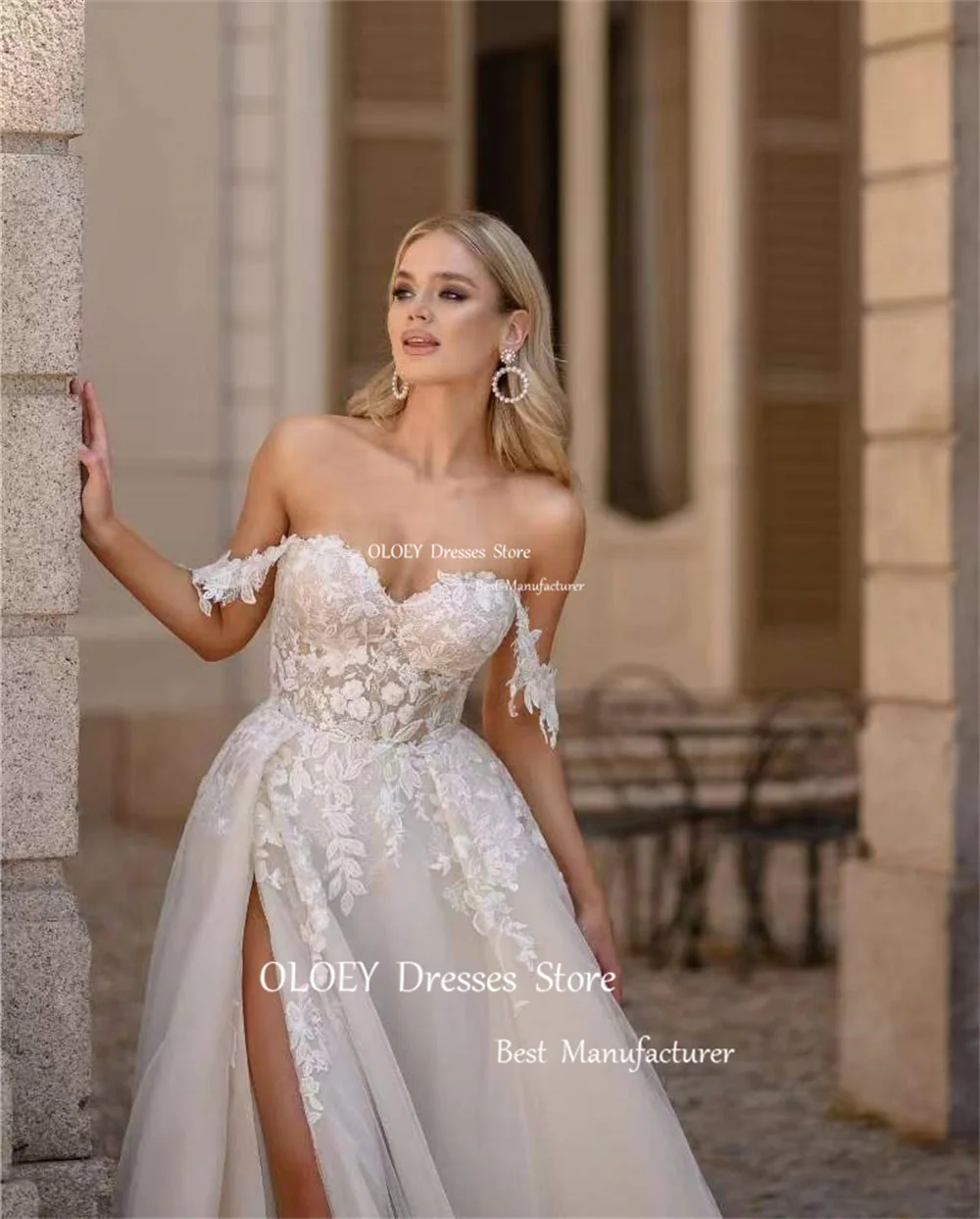 OLOEY Exquisite Lace Wedding Dress Sweetheart Off Shoulder High Slit Bridal Gown Floor Length A Line Custom Zip Button Corset