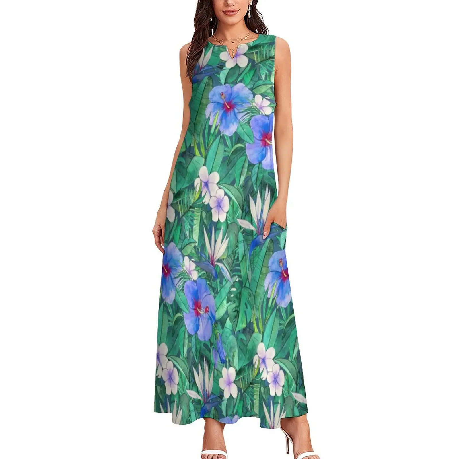 Tropical Floral Print Dress Summer Blue Hibiscus Aesthetic Boho Beach Long Dresses Female Printed Elegant Maxi Dress 3XL 4XL 5XL