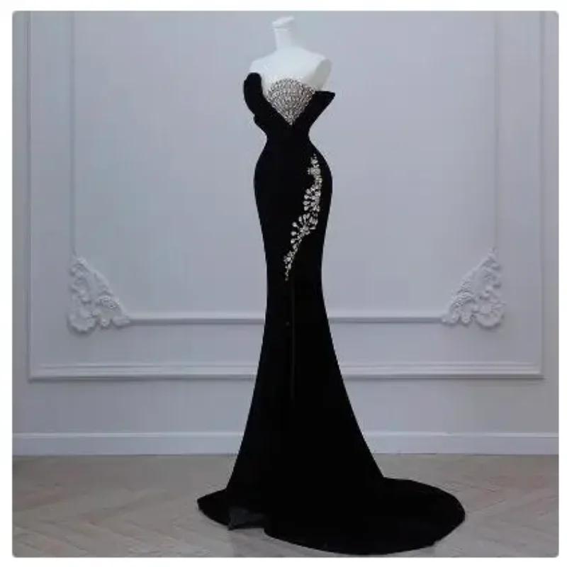 

Black Banquet Evening Gown 2024 New Strapless Fish Tail Sequin Host Costume