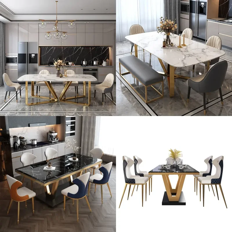 Modern Simple Marble Dining Table for Small Apartments Rectangular Restaurant Table Light Luxury Stainless Steel Gold-Plated