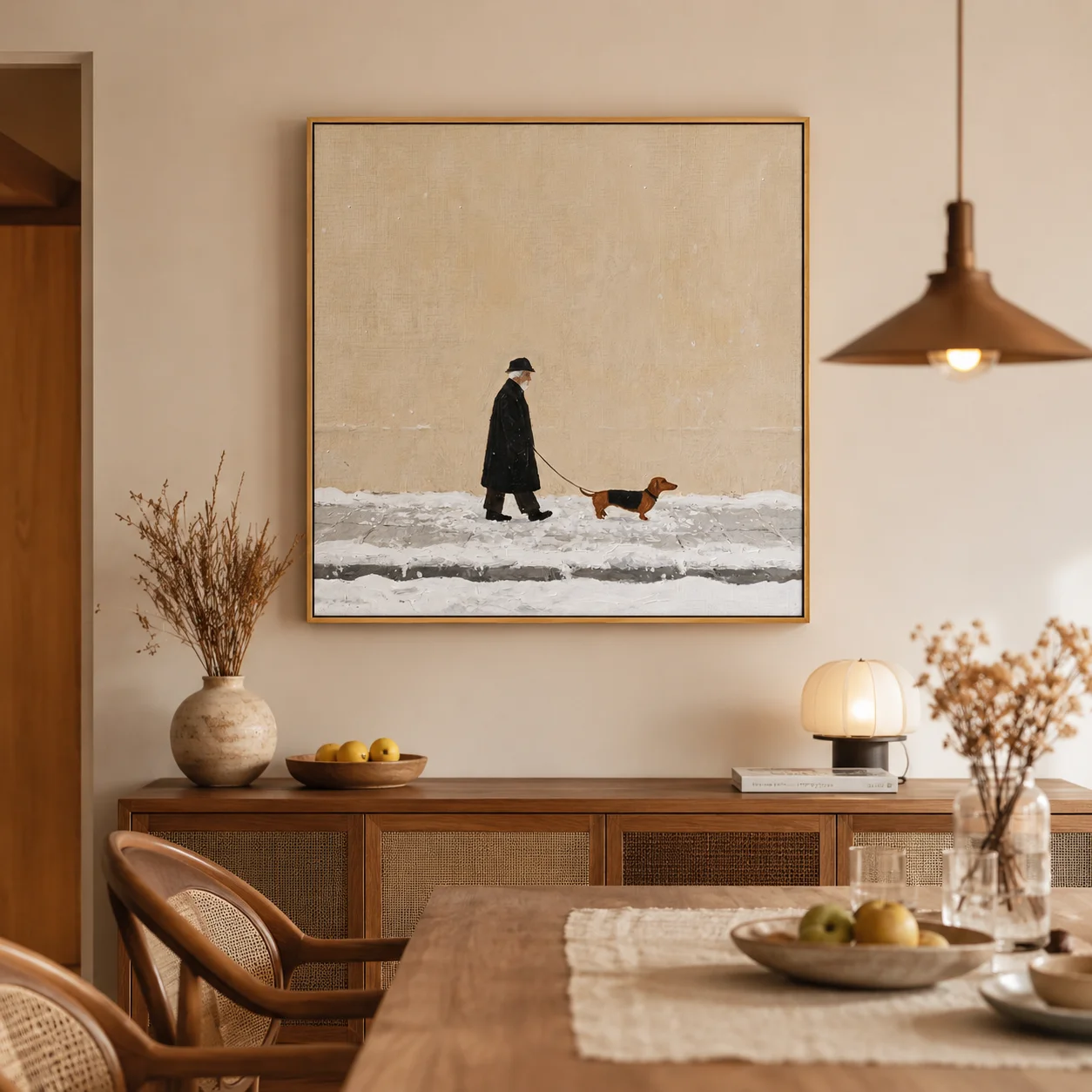 The First Snowfall – Wintry Folk Man & Dog Portrait Painting | Minimalist Square Entryway Art for Bedroom, Living Room, Office view 4