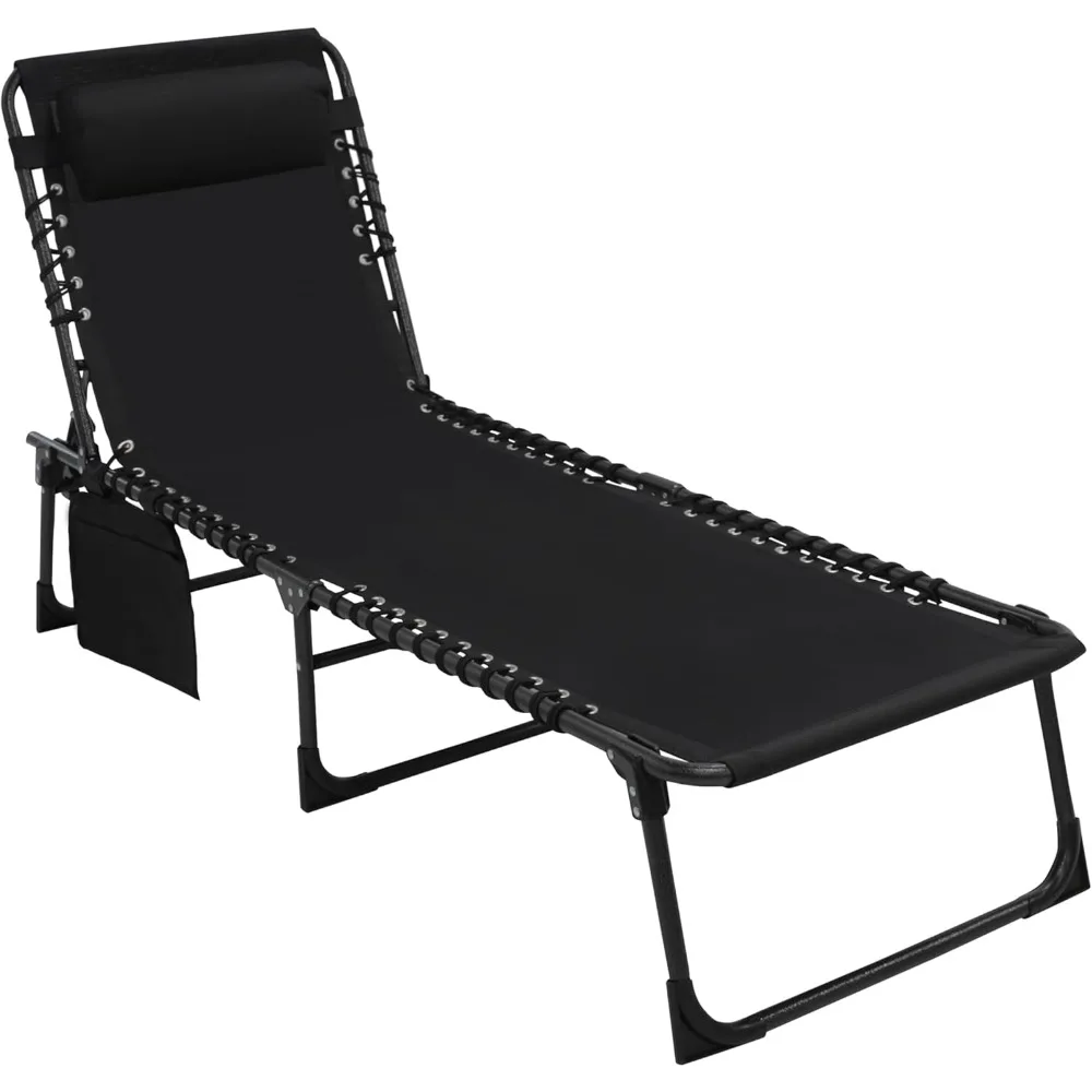 

Foldable Chaise Lounge Chair with Detachable Pillow & Pocket, Outdoor Portable Tanning Chair with 4 Position Adjustable Back,