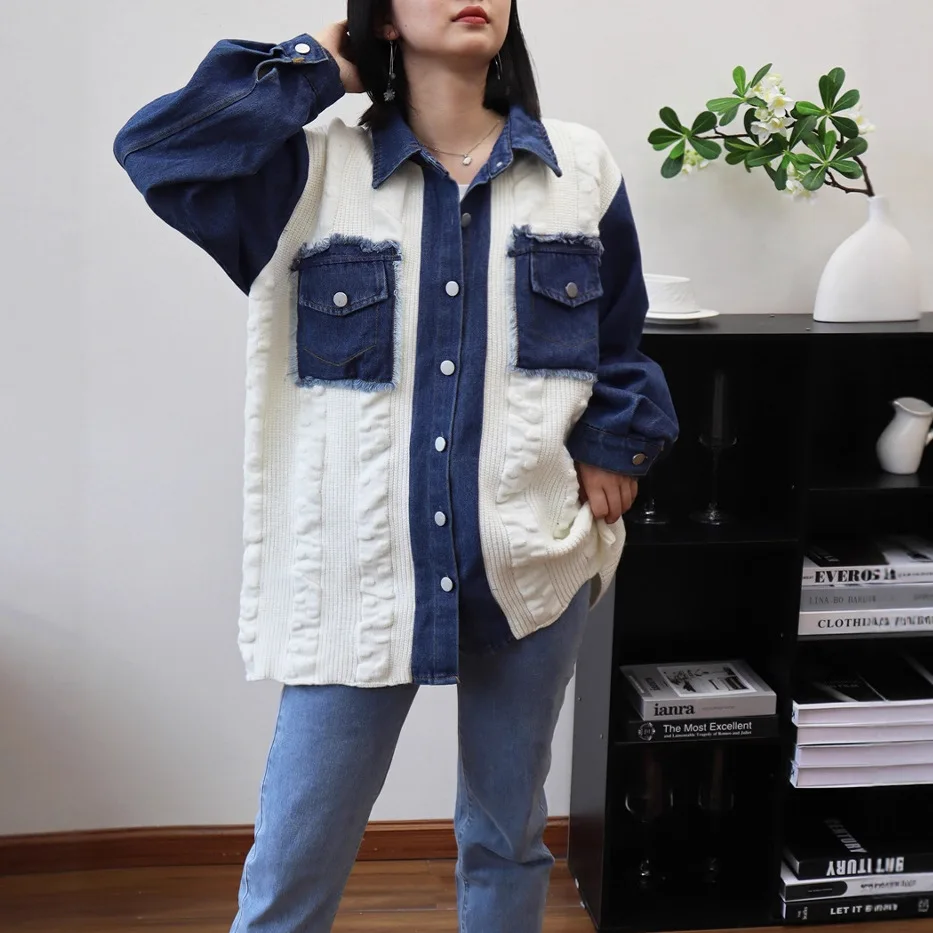 Women Knitted Cardigan Casual Jumpers Denim Patchwork Turn Down Collar Long Sleeves Loose Slight Strech Single Breasted  Autumn