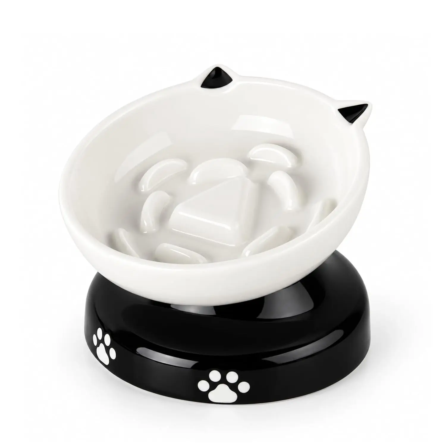 Ceramic Slow Feeder Bowl Elevated Tilted Anti-Chin Stain Cat Shape Dry Wet Food Pet Dish, Customized