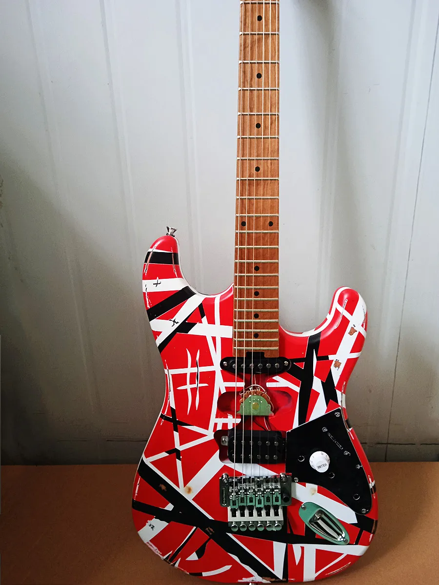 

Heavy Relic Electric Guitar, Red Frank 5150, Black White Stripes, Floyd Rose Tremolo Bridge, Edward Eddie Van Halen,